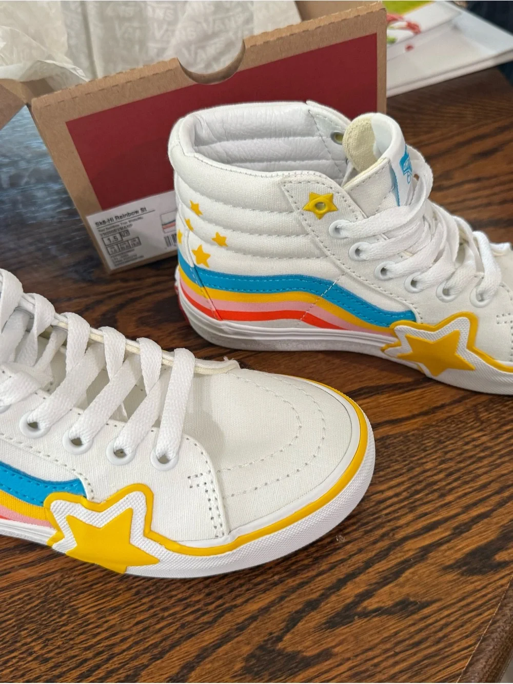 Kids' Vans - White sk8 Hi Sneakers with Rainbow Stripe and Yellow Star